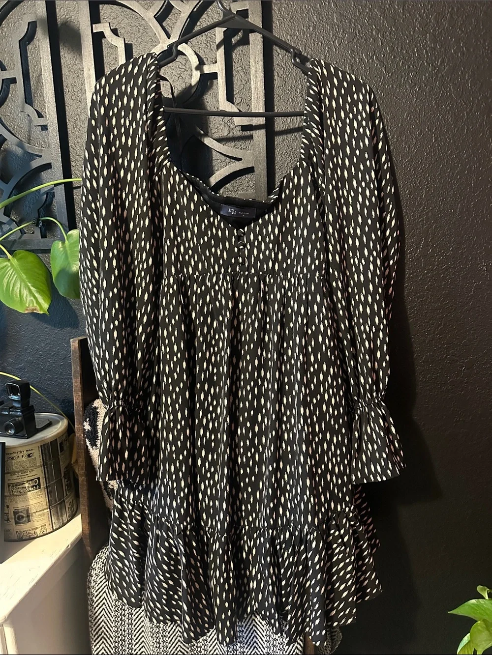 Black & White Dot Long Sleeve Ruffle Hem Dress